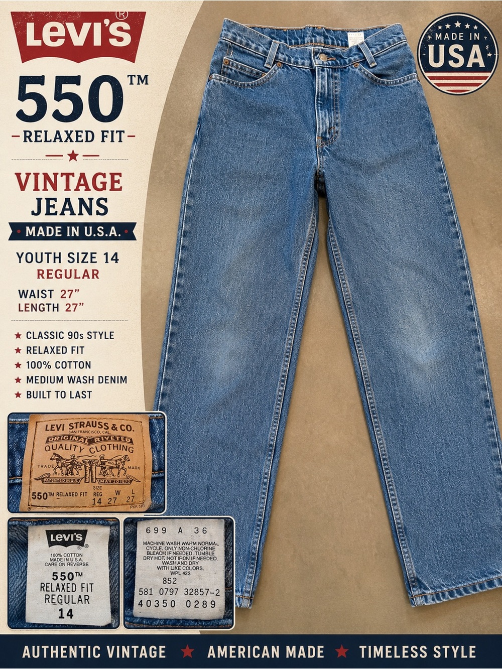 Vintage 90s Made In USA Leviโs 550 Relaxed Fit Jeans Youth 14 27x27 Women 24/25P